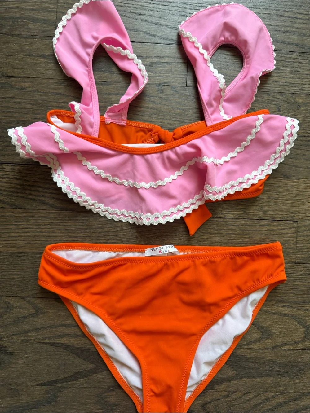 Girls Pink Ruffle Bikini Top with Orange Bottoms - Cute Swim Set